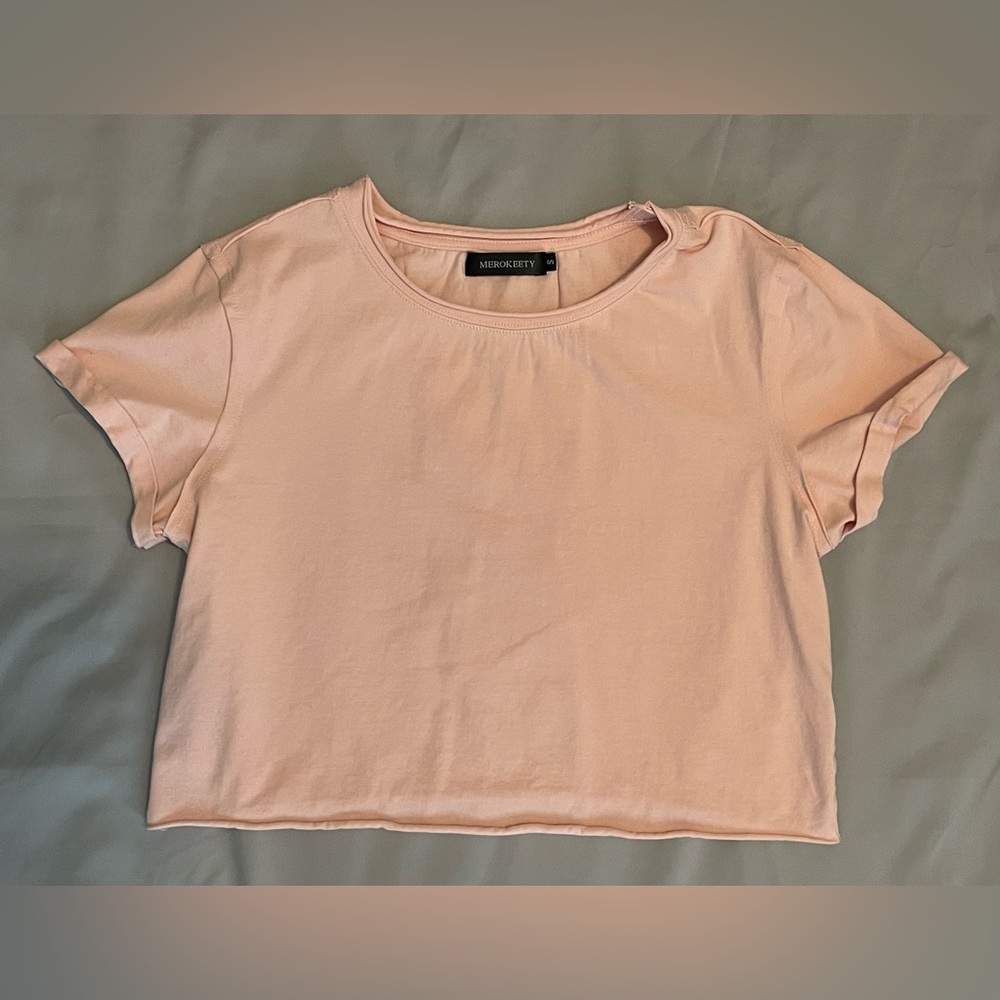 Merokeety Brand Pink Women's Crop Top Unique Raw Edging Size Small Loose Fit